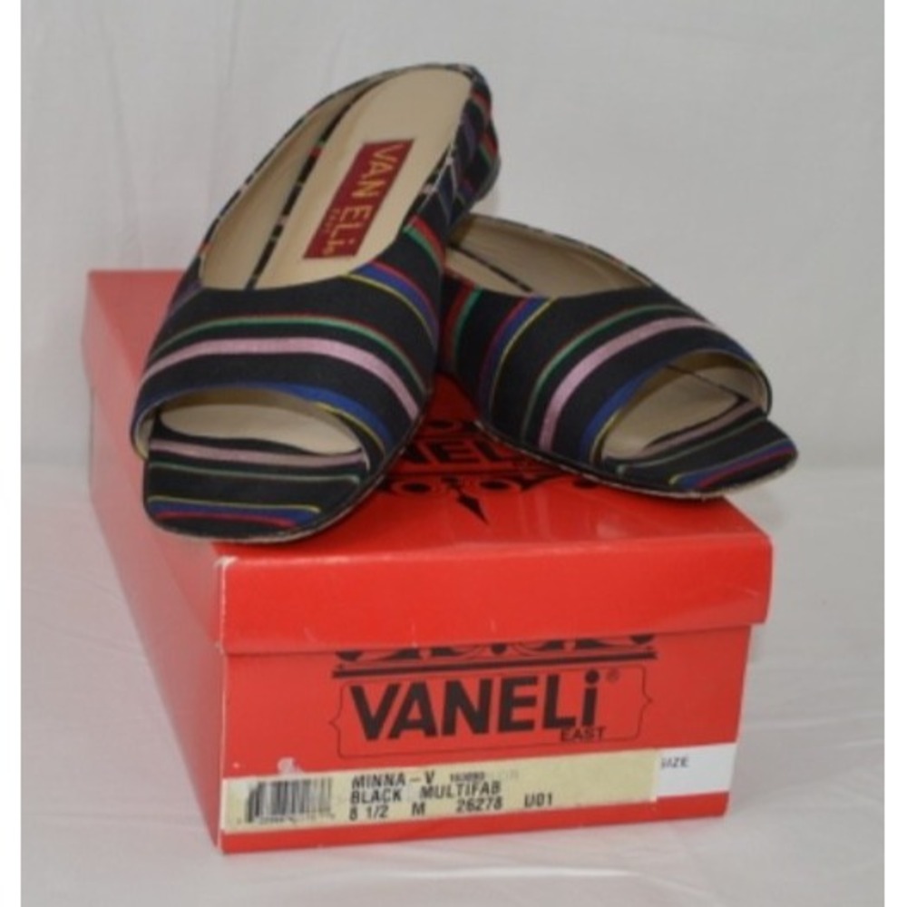 Vaneli‎ Women's Slip-On Open Toe Shoes 8.5 Black Multifab Striped